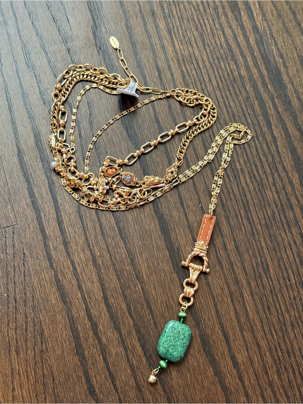 Free People Gold-Tone Layered Necklace with Green Stone Drop